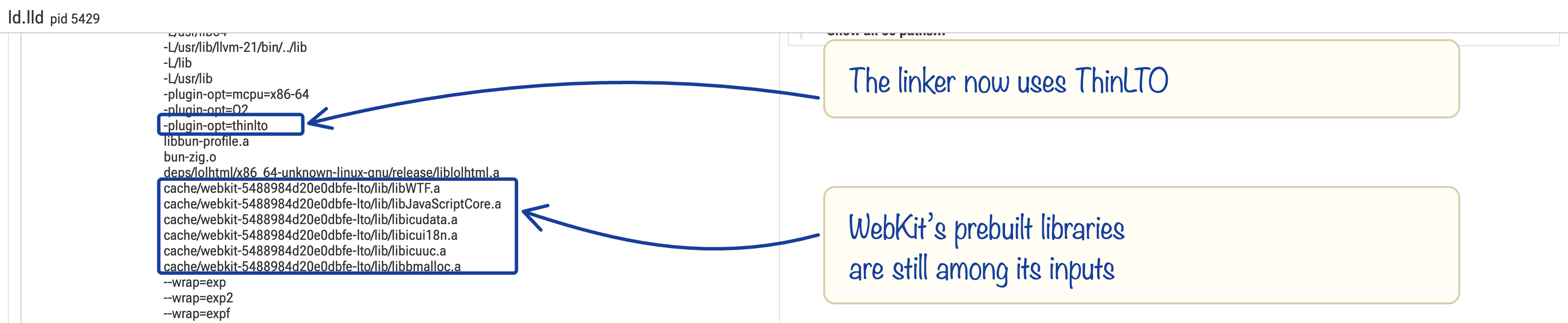 The linker command has ThinLTO enabled but still includes WebKit’s libraries, including libJavaScriptCore.a.