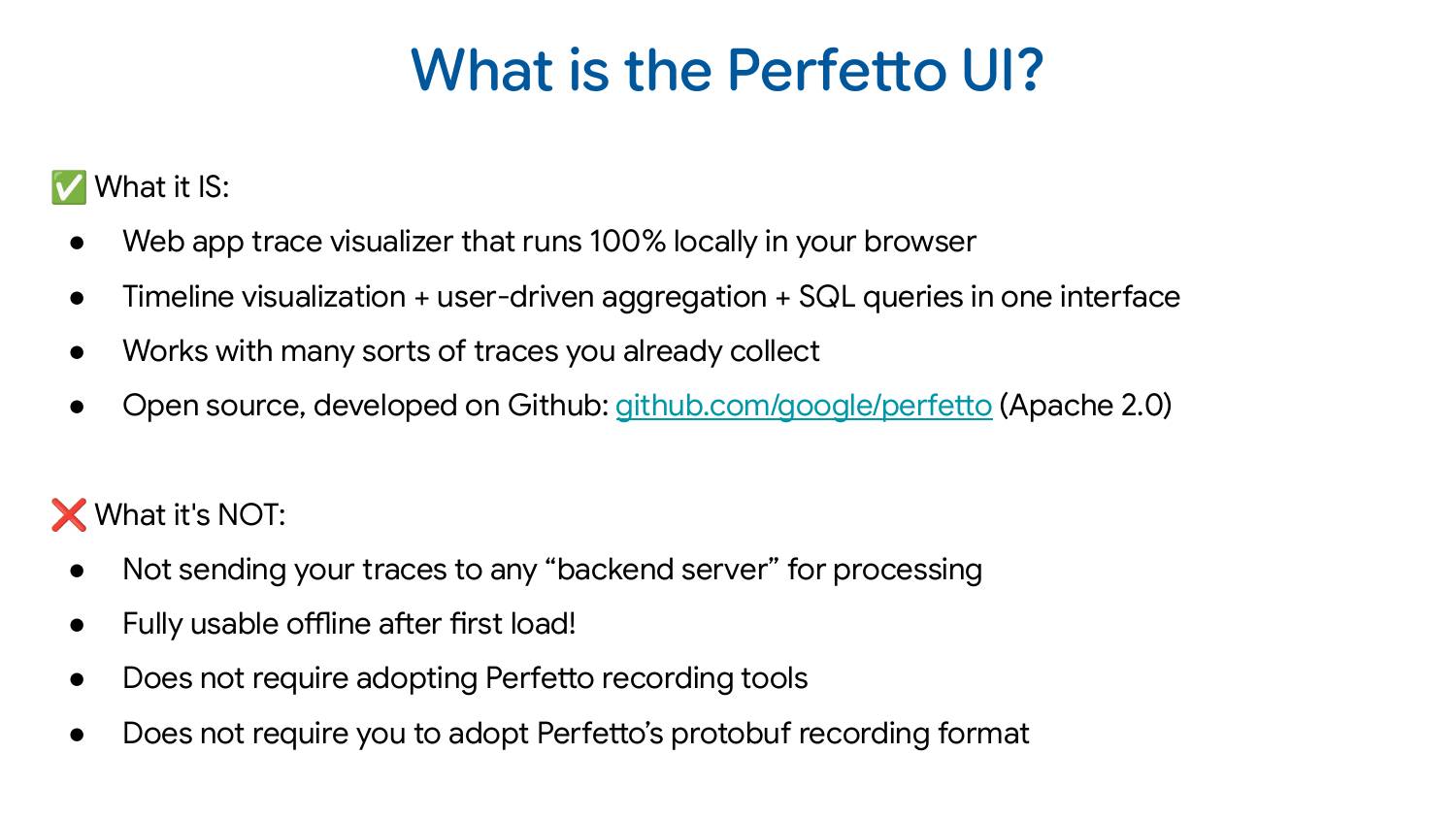Slide showing Perfetto UI architecture with web-based trace visualizer features