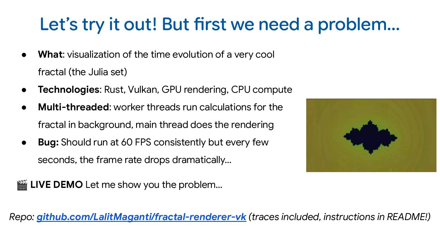 Slide introducing the fractal renderer demo program with Vulkan and multi-threading