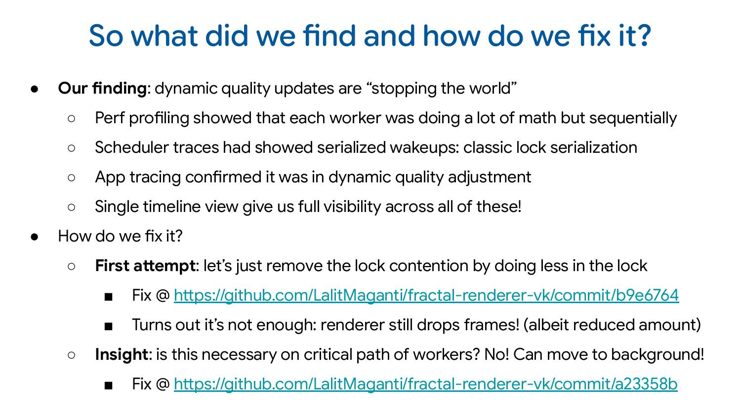 Slide titled “The root cause” summarizing findings about dynamic quality updates causing frame drops