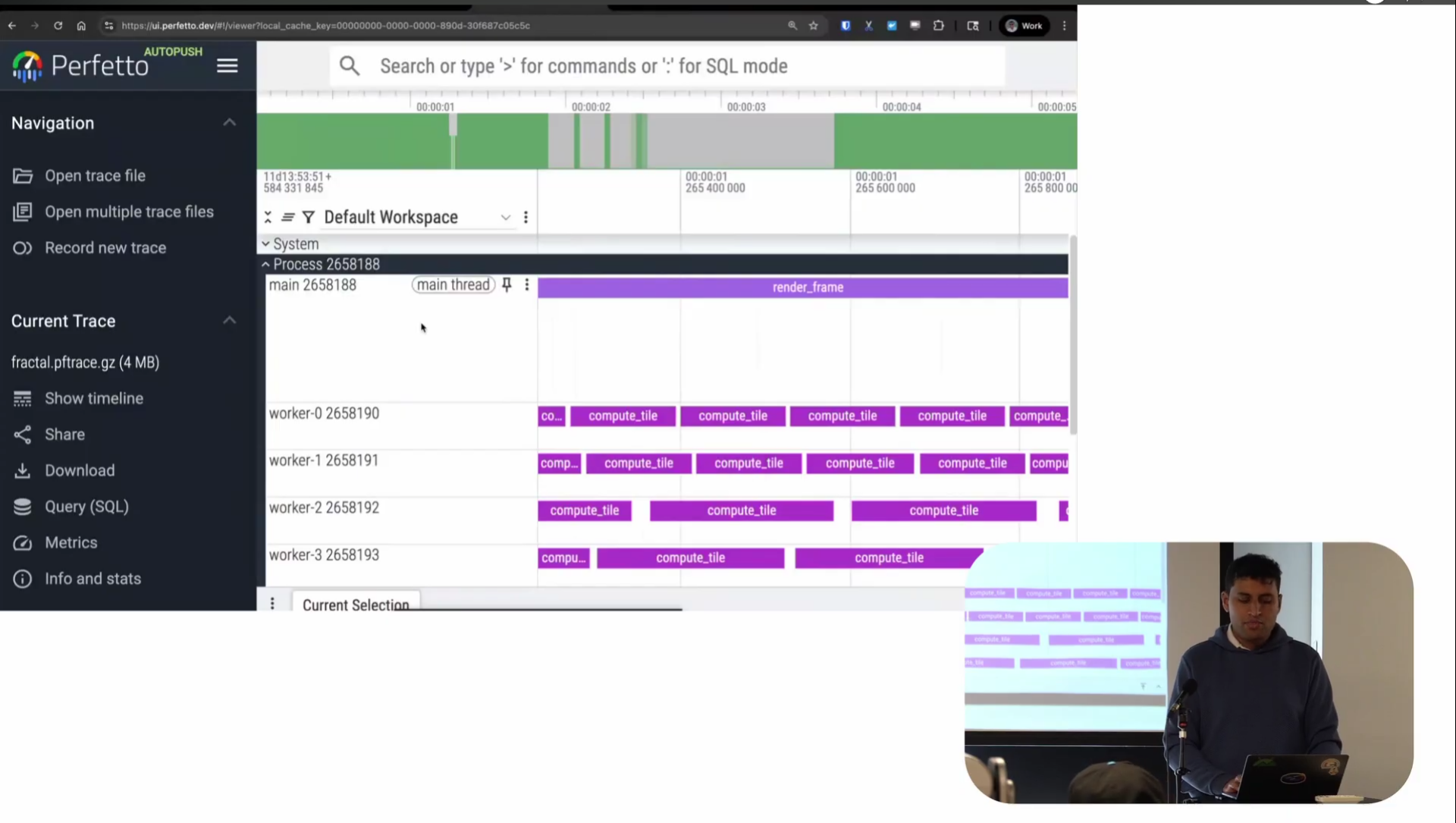 Perfetto UI screenshot showing app trace with userspace instrumentation slices on thread tracks representing program activity