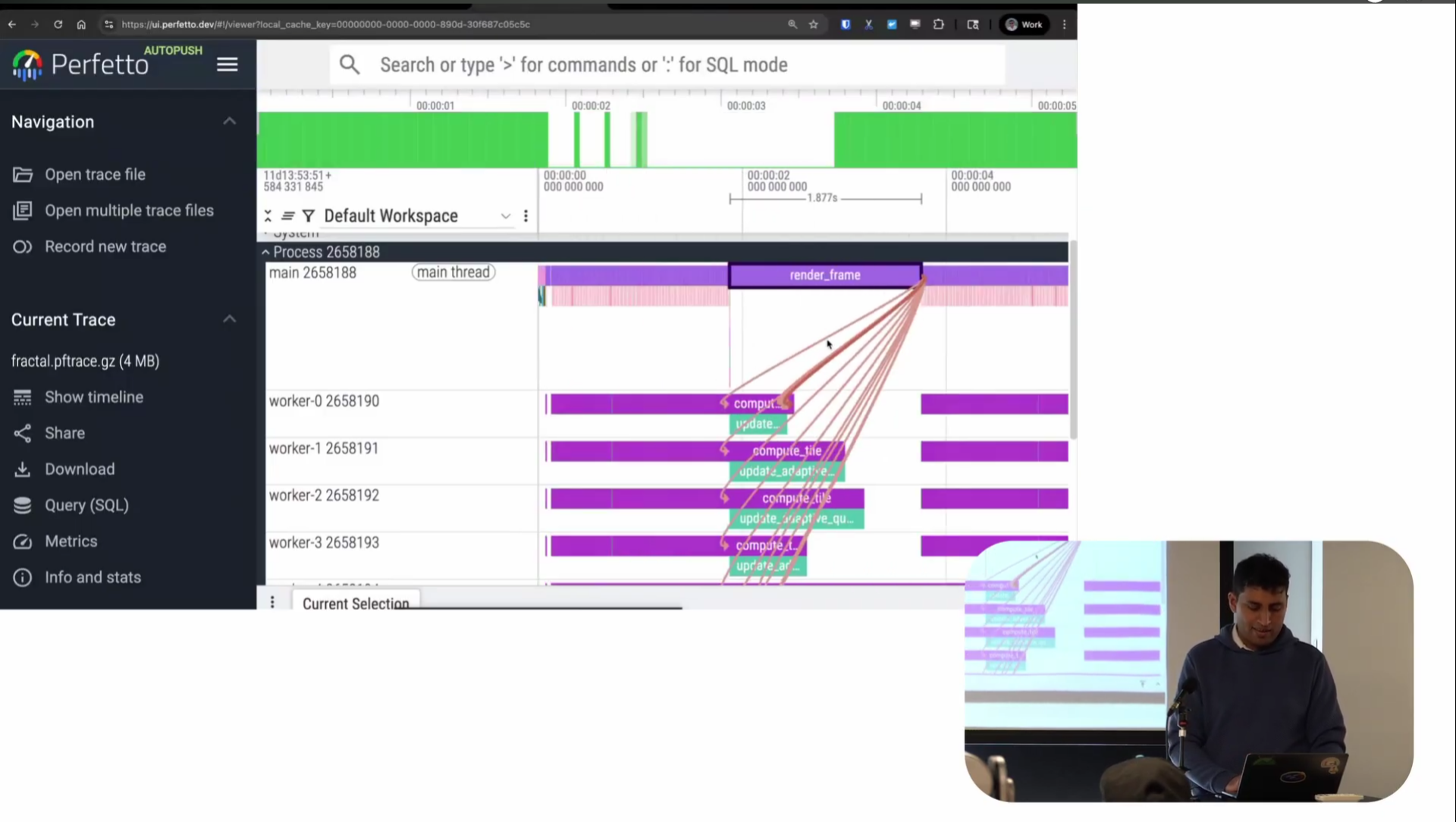 Perfetto UI screenshot showing flow visualization with causal links between render frame and worker thread operations