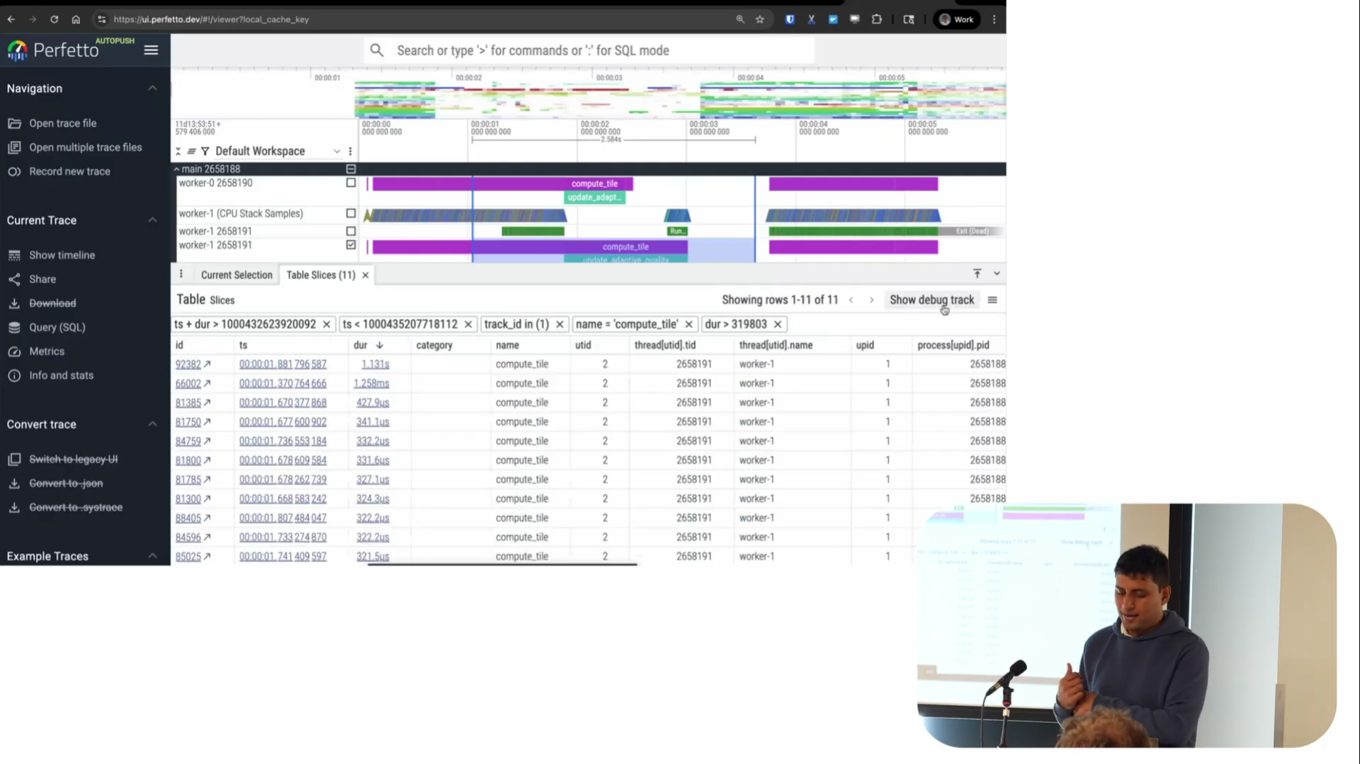 Perfetto UI screenshot showing query interface with pivot tables and filter options for trace data analysis