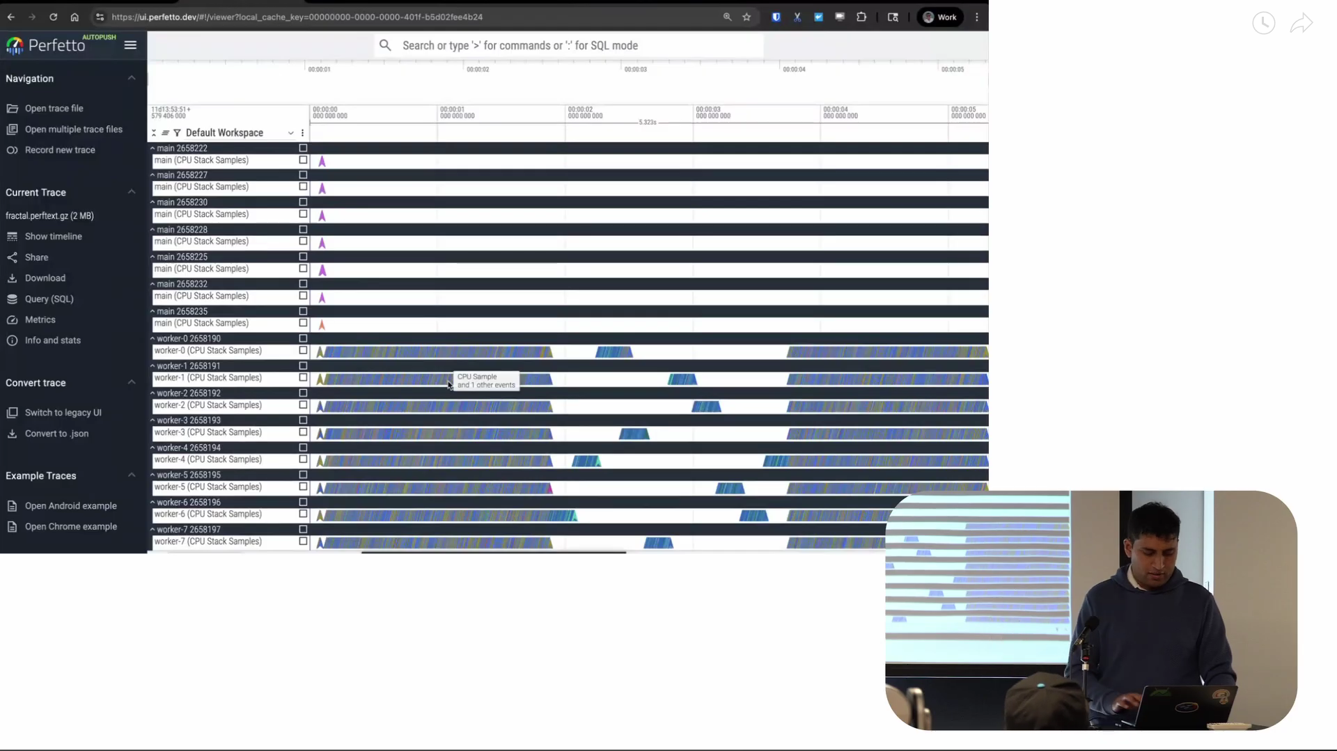 Perfetto UI screenshot showing perf profile timeline with thread tracks and CPU sample markers across time axis