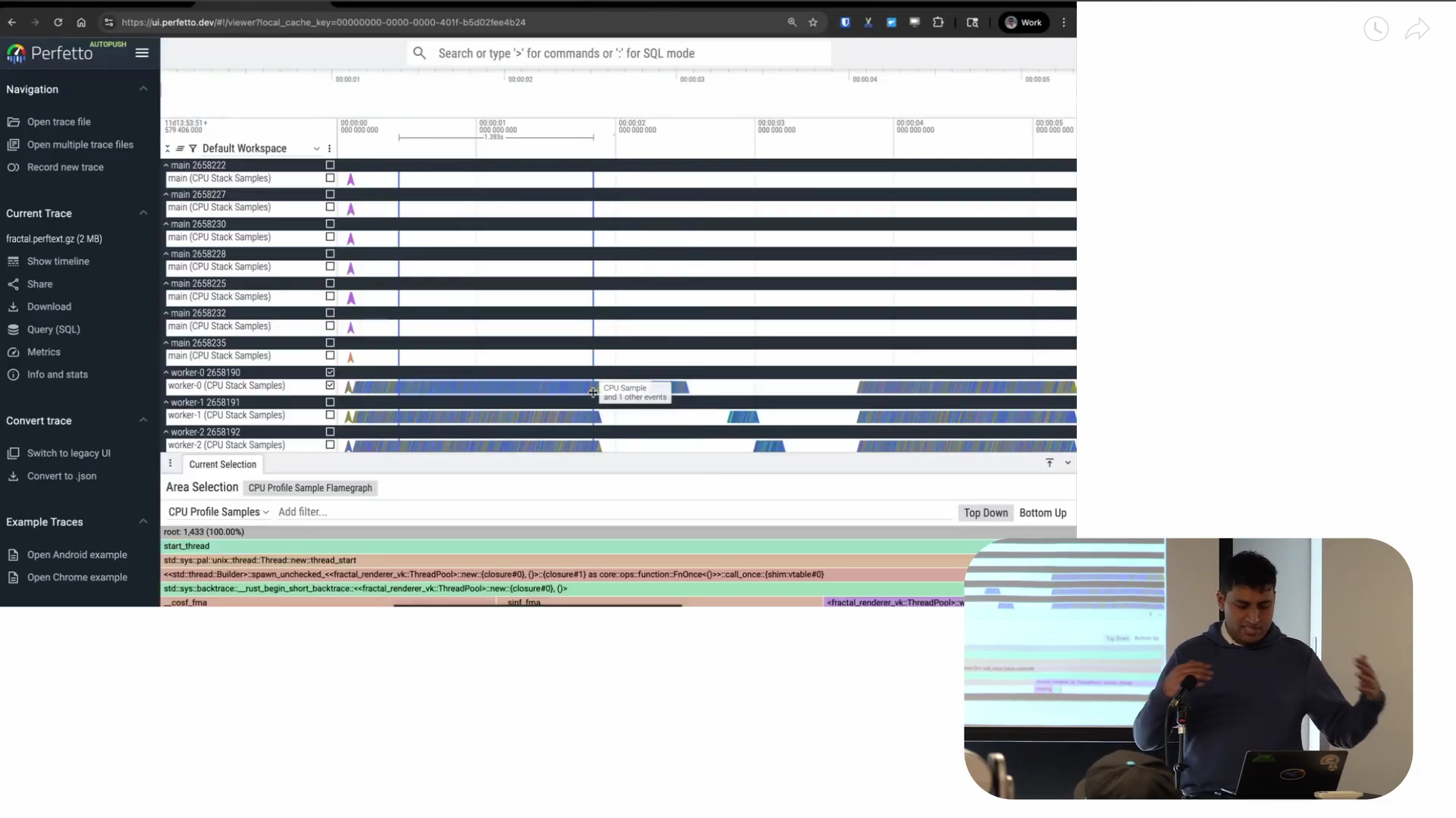 Perfetto UI screenshot demonstrating area selection feature with timeline selection and flame graph visualization below