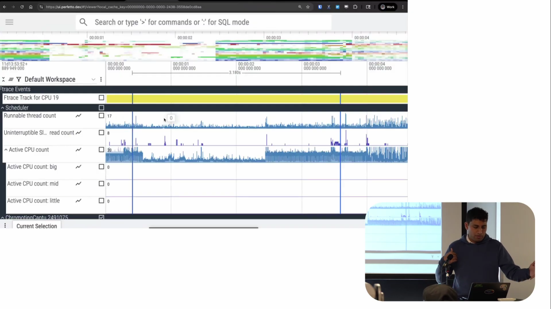 Perfetto UI screenshot showing scheduler visualizations including run queue length and active CPU count metrics